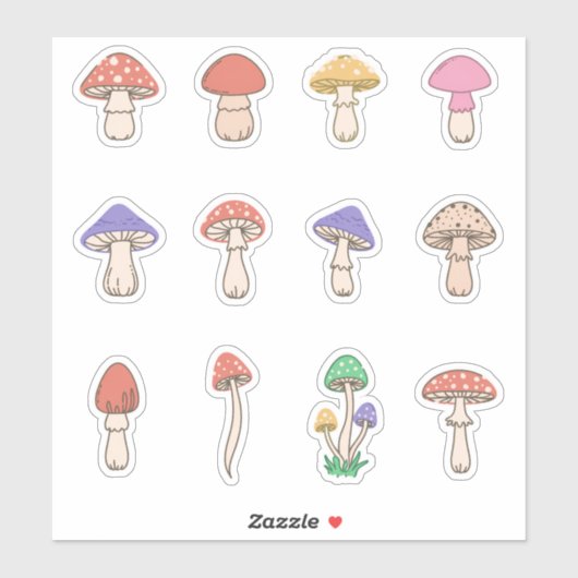 Set of 12 Classic Cute Doodle Mushrooms Aufkleber (Blatt)