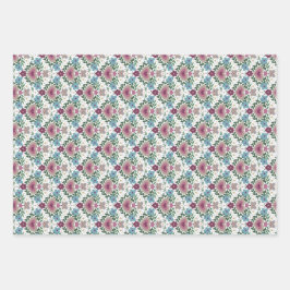 Set of 3-Earthy Pink & Teal Flowers and Hearts Geschenkpapier Set