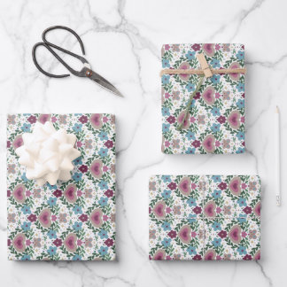 Set of 3-Earthy Pink & Teal Flowers and Hearts Geschenkpapier Set