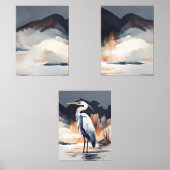 Set of 3 Heron Landscape Paintings | Orange & Gray (Vorderseite)
