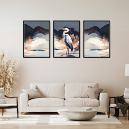 Set of 3 Heron Landscape Paintings | Orange & Gray