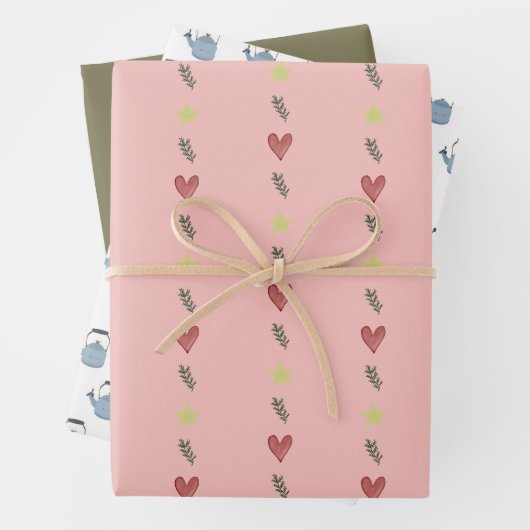 Set of Fun Gift Wrap Papers Hearts Tea Kettle Geschenkpapier Set (Beispiel)