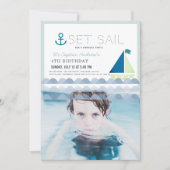 Set Sail Sailboat Blue Boy Birthday Foto Einladung (Vorderseite)
