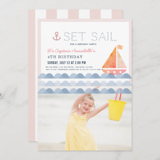 Set Sail Sailboat Pink Girl Geburtstag Foto Einladung