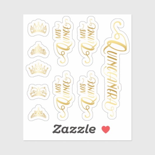 Set von 10 Goldkrone, Tiara und Quinceñera Wörter Aufkleber (Blatt)