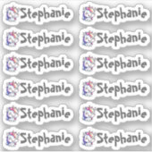 Set von 12 kleinen Whimsical Lächeln Unicorn Name Aufkleber (Vorderseite)