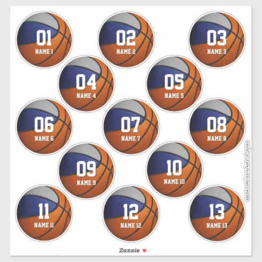 Set von 13 blau-grauen Mannschaftsfarben Basketbal Aufkleber (Blatt)