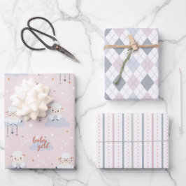 Set von 3-Baby-Lämmern, Raute, Streifen in Rosa, W Geschenkpapier Set