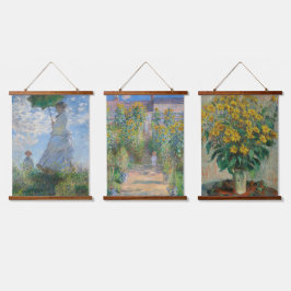 Set von 3 berühmten Gemälden von Claude Monet Wandteppich Mit Holzrahmen