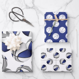Set von 3 blauen grauen Mannschaftsfarben Basketba Geschenkpapier Set