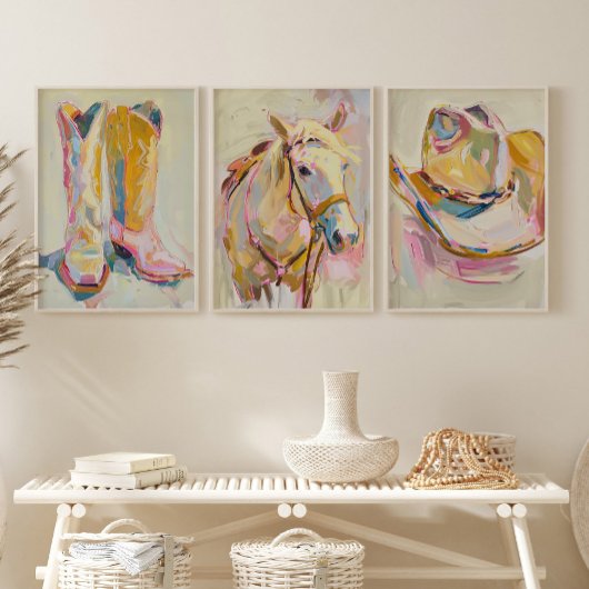 Set von 3 Cowgirl Boot Hat Horse Western Prints