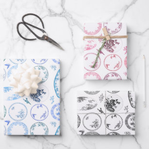 Set von 3 Farben   Französische antike Tafelblätte Geschenkpapier Set