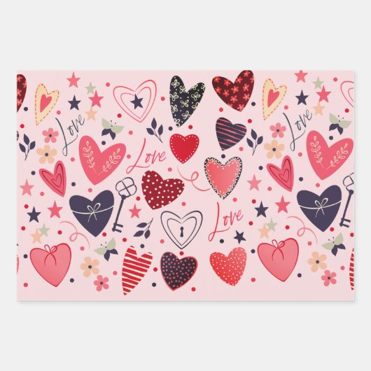 Set von 3; Herz, Küsse, Polka Dots Valentine Geschenkpapier Set (Vorderseite)