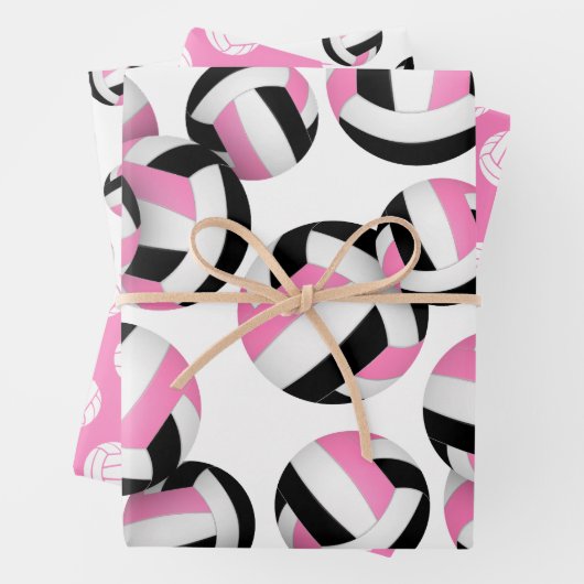 Set von 3 koordinierten schwarz-rosa Volleyballs Geschenkpapier Set (Beispiel)