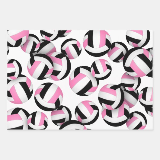 Set von 3 koordinierten schwarz-rosa Volleyballs Geschenkpapier Set (Vorderseite)