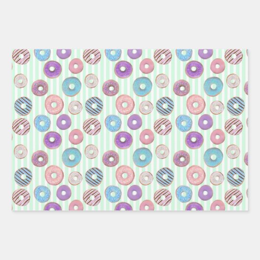 Set von 3 Niedlichen Donut-Kindern Pastellstreifen Geschenkpapier Set (Vorderseite)