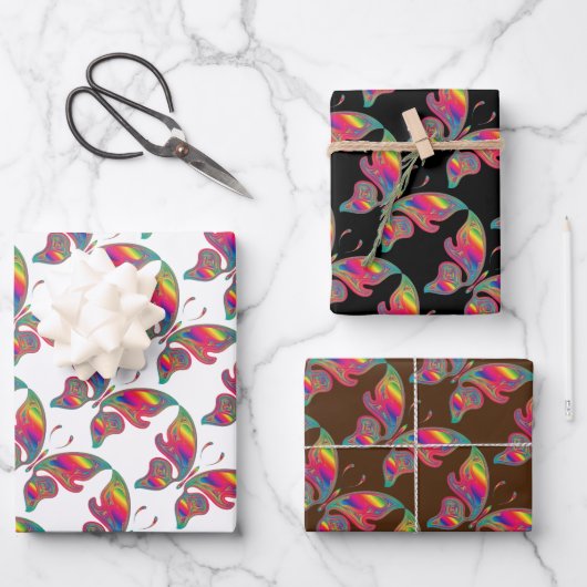 Set von 3 Regenbogenschmetterlingen Geschenkpapier Set (Vorderseite)