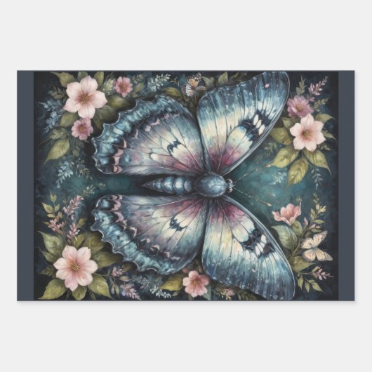 Set von 3 Schmetterlingen und Blume - Decoupage- Geschenkpapier Set (Vorderseite)