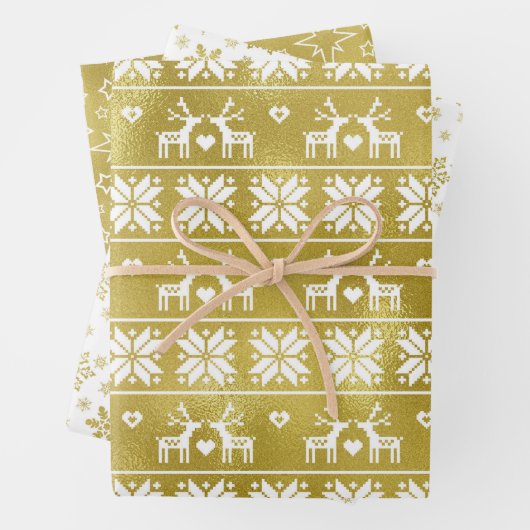 Set von 3 Schneeflocken, Sternen und Rentier Geschenkpapier Set (Beispiel)