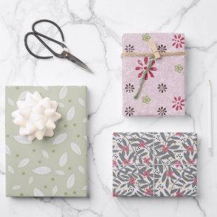 Set von 3 Umschlagpapieren in Floralfarben und Blä Geschenkpapier Set