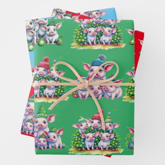 Set von 3 verschiedenen Adorable Pig Weihnachtsges Geschenkpapier Set (Beispiel)