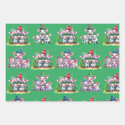 Set von 3 verschiedenen Adorable Pig Weihnachtsges Geschenkpapier Set (Vorderseite)