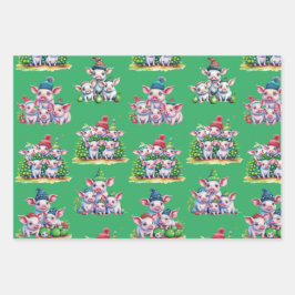 Set von 3 verschiedenen Adorable Pig Weihnachtsges Geschenkpapier Set