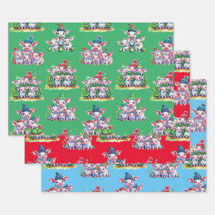Set von 3 verschiedenen Adorable Pig Weihnachtsges Geschenkpapier Set