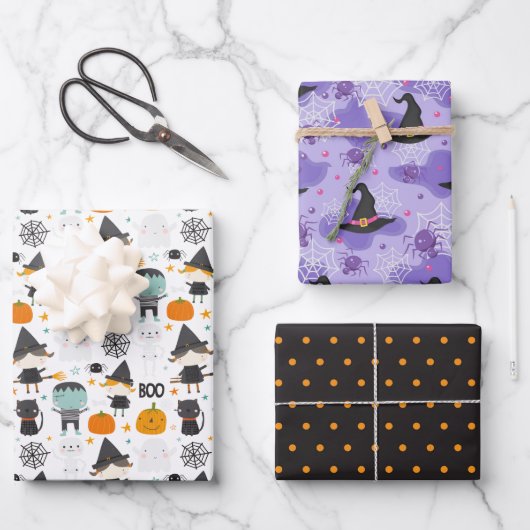 Set von 3 Whimsical Halloween Geschenkpapier Set (Vorderseite)