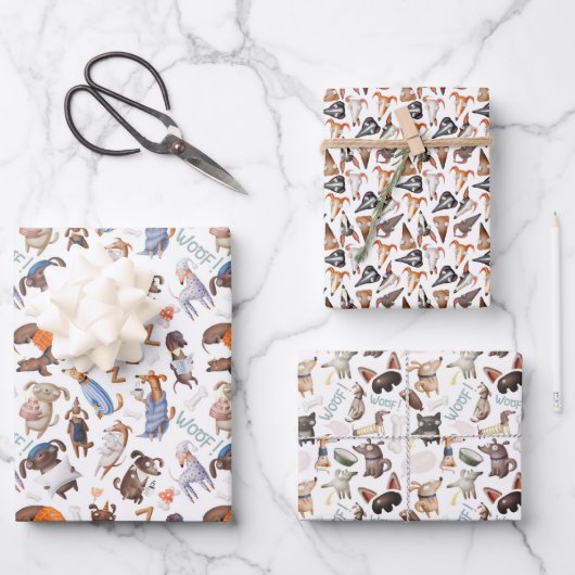Set von 3 Zeichen-Hunde-Wrapping Geschenkpapier Set (Vorderseite)