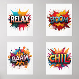 Set von 4 Comic Sound Effect Word Art Prints