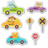 Set von 4 Niedlichen Tieren, die Aufkleber fahren (Vorderseite)