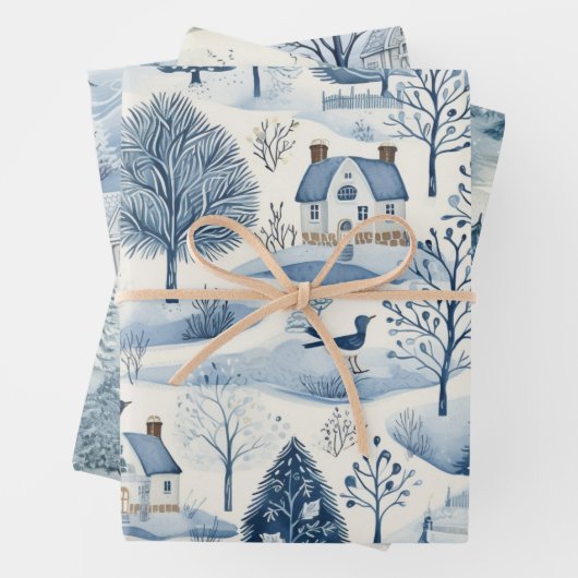 Set von Blue & White Snowy Festliche Weihnachten Geschenkpapier Set (Beispiel)