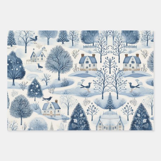 Set von Blue & White Snowy Festliche Weihnachten Geschenkpapier Set (Vorderseite)