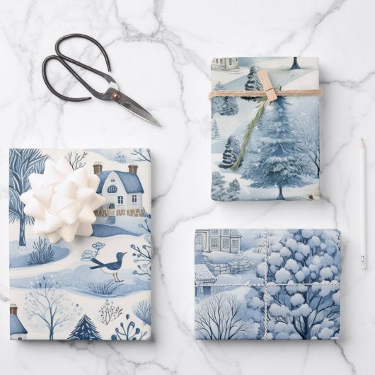 Set von Blue & White Snowy Festliche Weihnachten Geschenkpapier Set (Vorderseite)