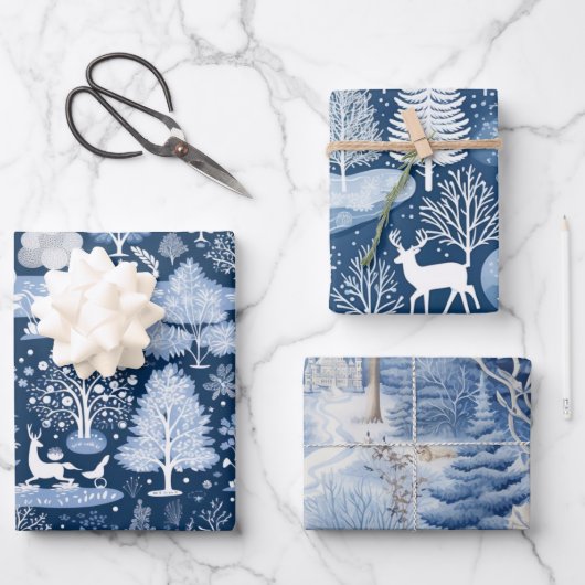 Set von Blue & White Snowy Weihnachten Geschenkpapier Set (Vorderseite)