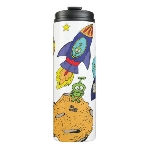 Set von Cartoon-Illustrationen über Raum in hell Thermosbecher