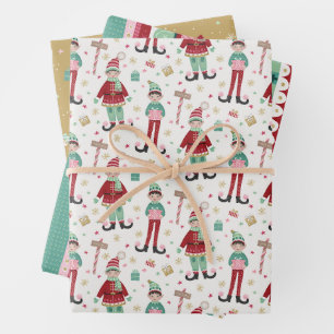 Set von drei farbigen Weihnachtselfen Geschenkpapier Set