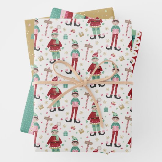 Set von drei farbigen Weihnachtselfen Geschenkpapier Set (Beispiel)