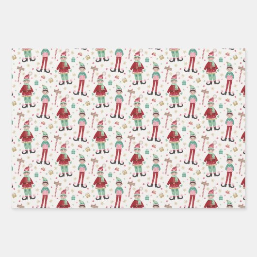 Set von drei farbigen Weihnachtselfen Geschenkpapier Set (Vorderseite)