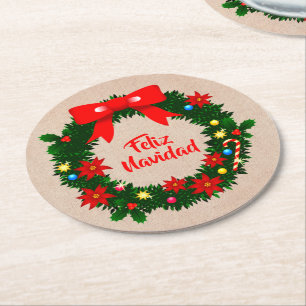 Set von Feliz Navidad Merry Christmas Wreath Bow Runder Pappuntersetzer