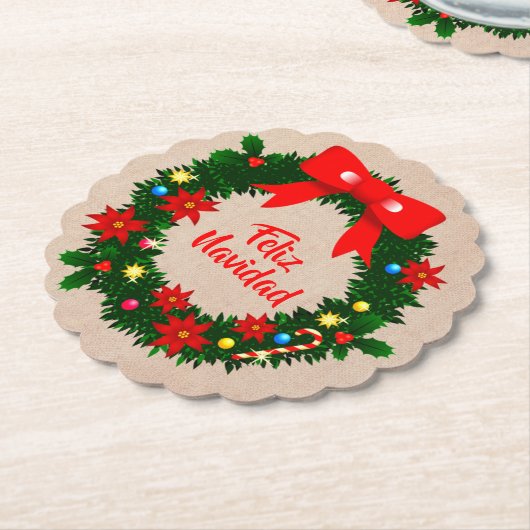 Set von Feliz Navidad Merry Christmas Wreath Bow Untersetzer (angewinkelt)