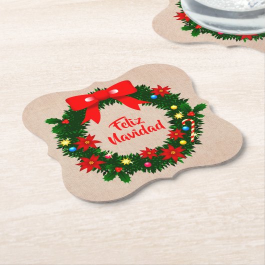 Set von Feliz Navidad Merry Christmas Wreath Bow Untersetzer (angewinkelt)