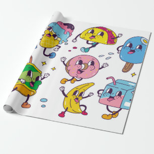 Set von Speisen und Getränken im Retro-Cartoon-Sti Geschenkpapier