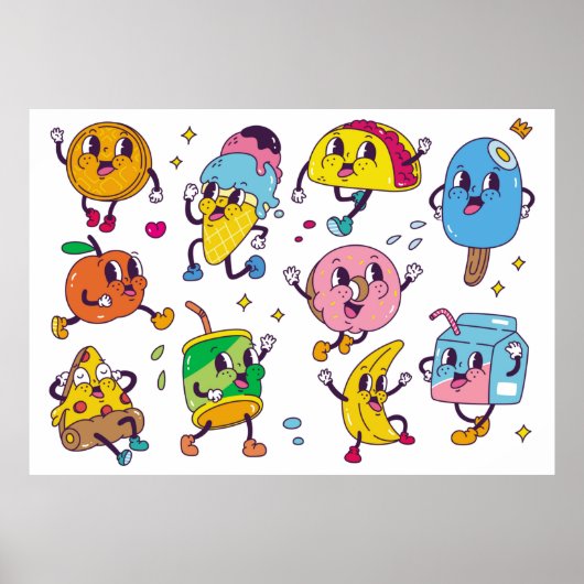 Set von Speisen und Getränken im Retro-Cartoon-Sti Poster (Vorne)