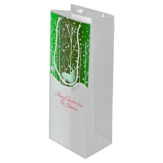 Set Weißer Reinder bearbeiten Name Grün Geschenktüte Für Weinflaschen (Vorderseite Schrägansicht)