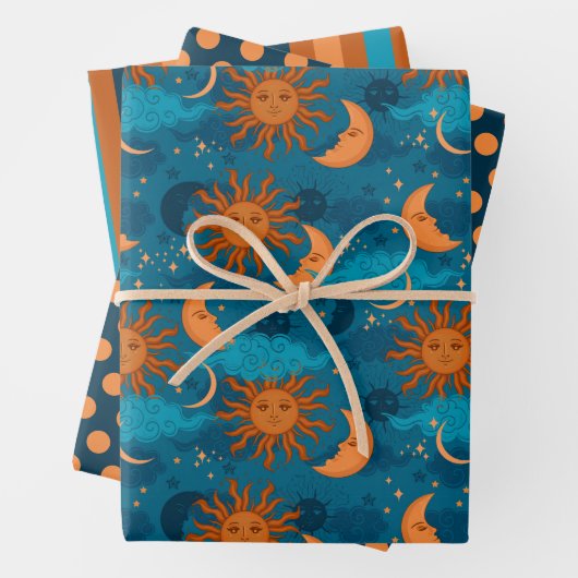 Set zum Umhüllen von Sonnen-, Mond- und Sternen vo Geschenkpapier Set (Beispiel)