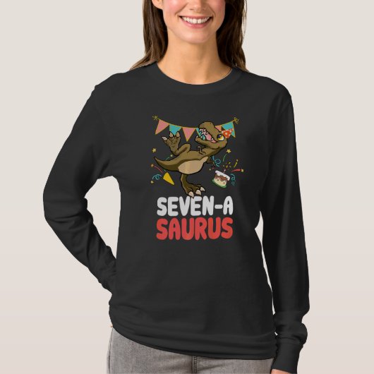 Seven A Saurus Dinosaur Niedlich Kiddo Rex T-Shirt (Vorderseite)