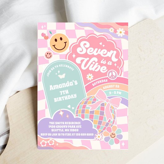 Seven Is A Vibe Cloud Rainbow Disco 7th Birthday  Einladung