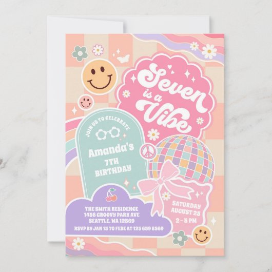 Seven Is A Vibe Cloud Rainbow Disco 7th Birthday Einladung (Vorderseite)